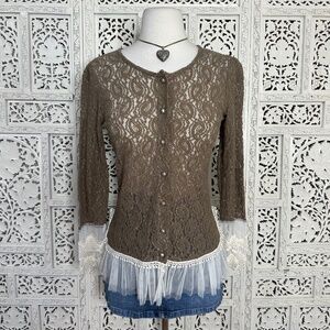 A'Reve Brown & Ivory Lace Coquette Boho Sheer Ruffle Long Sleeve Blouse Sz Small